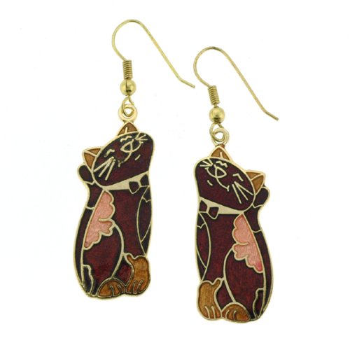 Gold Plated Joyful Cat Cloisonne Earrings – 40x15mm, Red
