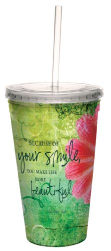 Tree-Free Greetings 80594 Happiness Quote Your Smile Artful Traveler Double-Walled Acrylic Cool Cup with Reusable Straw, 16-Ounce