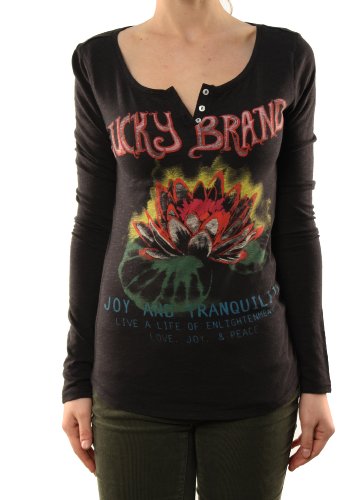 Lucky Brand Women’s “Joy & Tranquility” Henley T-Shirt Black-Medium