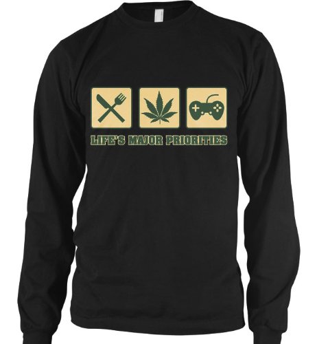 Life’s Major Priorities, Pot, Food, Video Games Mens Thermal Shirt, Funny Trendy Hot Weed Smoking Mens Long Sleeve Thermal, Medium, Black