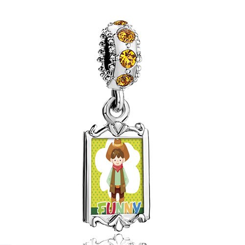 Pugster November Birthstone Yellow Topaz Swarovski Crystal Dangle Child Cowboy Theme Boy and FUNNY Photo Frame Bead Fits Pandora Charms Bracelet