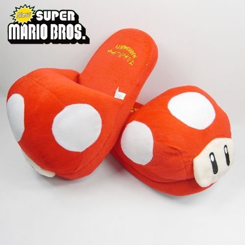 Super Mario Bros Red Mushroom Plush Stuffed Slipper Nintendo Cartoon Funny Gift