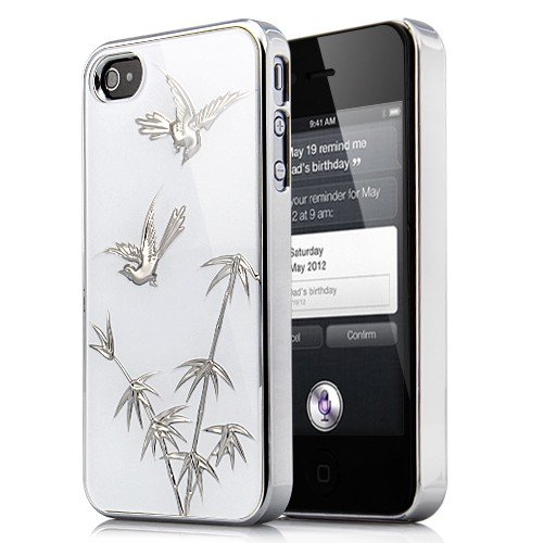 Embossed Joyous Birds Plating Hard Case For iPhone 4 and 4S WHITE/SILVER