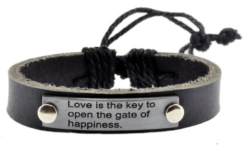 Metal Plate Love Is the Key to Open the Gate of Happiness Leather Bracelet / Leather Wristband / Surf Bracelet #283