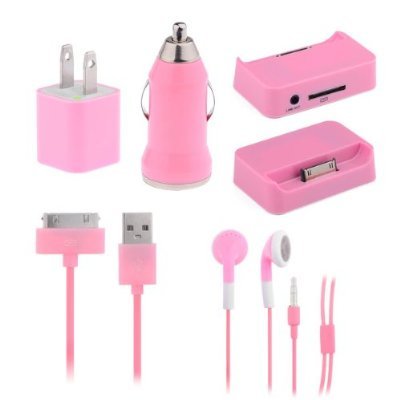YIKING 5 in 1 Car Charger Adapter Earphone Accessories Travel Kit for Iphone 3G 3GS 4 4G 4S iPod-Pink