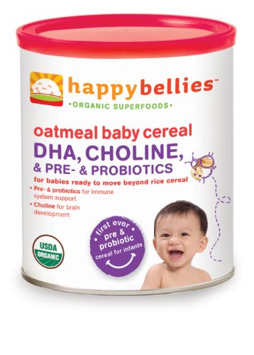 Happy Bellies Organic Baby Cereals with DHA Plus Pre and Probiotics, Oatmeal, 7-Ounce Canisters (Pack of 6)