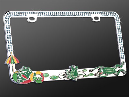 License Plate Frame – Metal Bling – Joyful Chillin Green Frogs on a Pond w/ Dazzling Blue Ocean Crystals