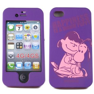 iPhone 4S / 4 Lucy and Snoopy – “HAPPINESS is a warm puppy” on Purple and Pink Protector Snap on Case – Includes TWO Bonus Personal Charm Straps!