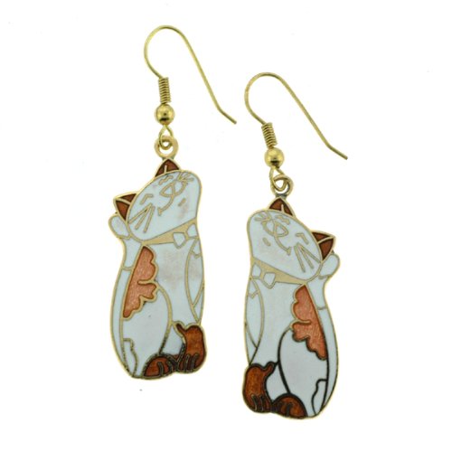 Gold Plated Joyful Cat Cloisonne Earrings – 40x15mm, White