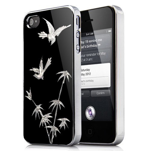 Embossed Joyous Birds Plating Hard Case For iPhone 4 and 4S BLACK/SILVER