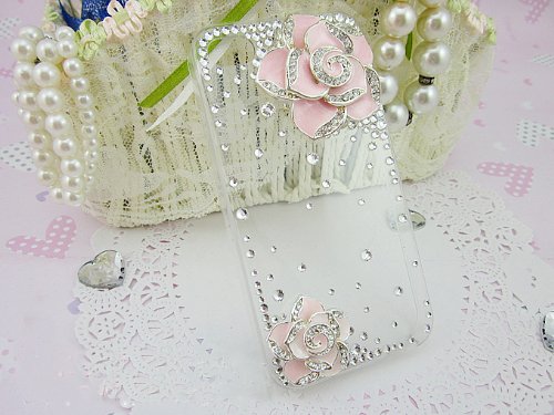 3d Bling Crystal Rhinestone Flower Transparent Case Cover for Apple Iphone 4 and 4s (Color: Pink)