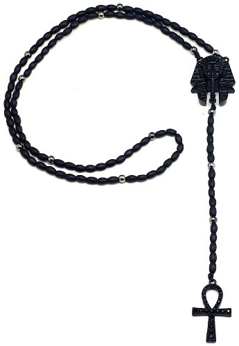 Pharaoh/Ankh Iced Out New Style With Black Wood Bead Rosary Black Color 31 Inch Necklace Positive Spirit Magic Power Circle Egyptian Positive Power Of Joyous Life