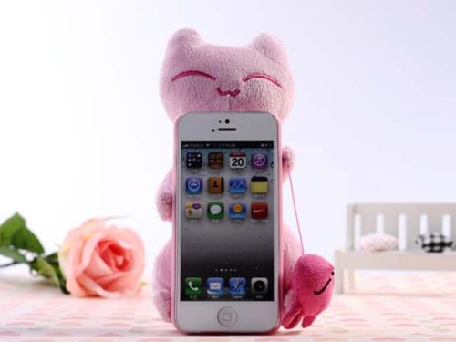 3D Cute Cartoon Plush Smile Cat Doll Case Cover Skin for iPhone 5 Pink