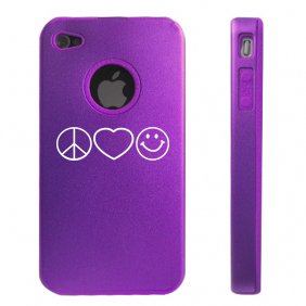 Apple iPhone 4 4S 4G Purple D1523 Aluminum & Silicone Case Cover Peace Love Happiness Symbols