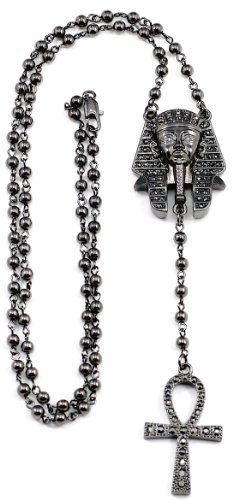 Pharaoh/Ankh Iced Out New Style Rosary Gun Metal Color 31 Inch Necklace Positive Spirit Magic Power Circle Egyptian Positive Power Of Joyous Life
