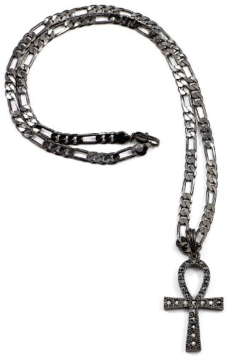 Ankh Iced Out New Gun Metal Color 24 Inch Figaro Style Necklace Positive Spirit Magic Power Circle Egyptian Positive Power Of Joyous Life