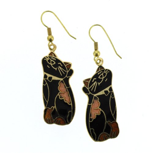 Gold Plated Joyful Cat Cloisonne Earrings – 40x15mm, Black
