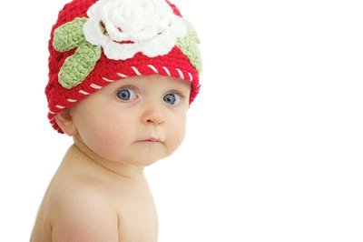 Crochet Christmas Flower Hat For Newborn, Baby or Toddler. Louisa Red.