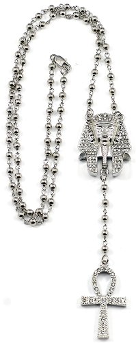 Pharaoh/Ankh Iced Out New Style Rosary Silver Color 31 Inch Necklace Positive Spirit Magic Power Circle Egyptian Positive Power Of Joyous Life