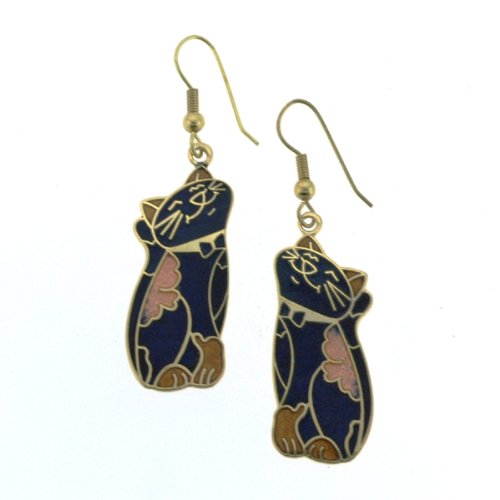 Gold Plated Joyful Cat Cloisonne Earrings – 40x15mm, Blue