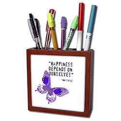 Patricia Sanders Creations – Happiness Quote Purple Butterfly Inspiration Spirituality – Tile Pen Holders-5 inch tile pen holder