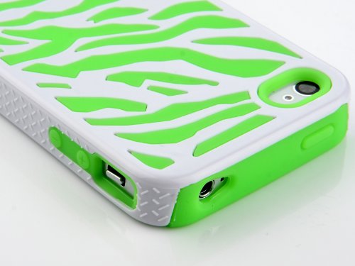 Pandamimi Stylwire Green White Zebra Combo Hard Soft High Impact Armor Skin Gel Case for iPhone 4/4S/4G
