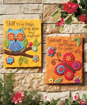 Set of 2 Handpainted Outdoor Garden Plaques Owl Butterfly Bright Colorful 8″ X 10″ Friends Love and Laughter