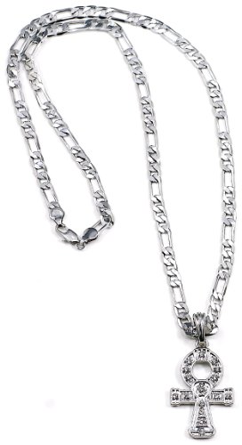 Ankh 2 Iced Out New Silver Color 24 Inch Figaro Style Necklace Positive Spirit Magic Power Circle Egyptian Positive Power Of Joyous Life
