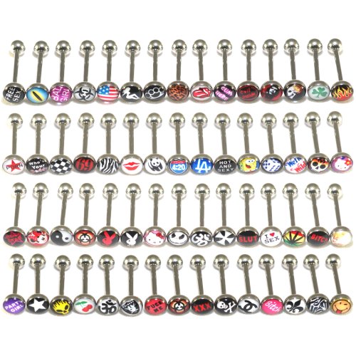 Lot of 30 Surgical Steel Metal Tongue Rings Barbells Funny Nasty Wordings Picture Logo 14 Gauge or 1.6mm- Length 5/8″ or 16mm