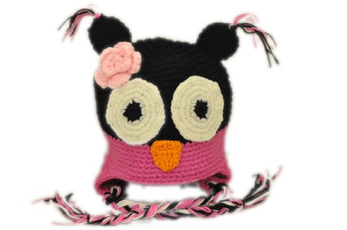 Crochet Owl Hat For Baby or Toddler, Girl. HotPkBlk. SM.