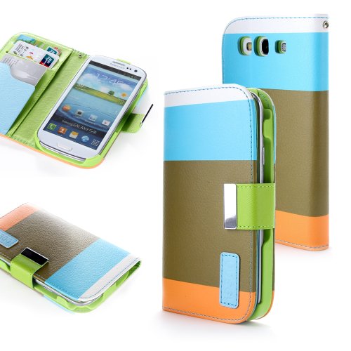 ATC Wallet PU Leather Case Card Holder Flip Case Cover for Samsung i9300 Galaxy S3 III – Blue+Brown+Orange