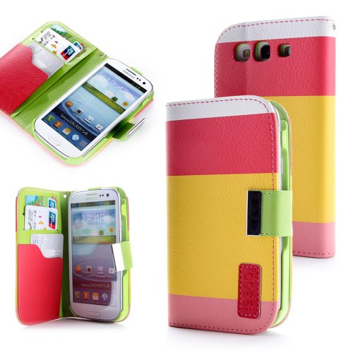ATC Wallet PU Leather Case Card Holder Flip Case Cover for Samsung i9300 Galaxy S3 III – Red+Yellow+Pink