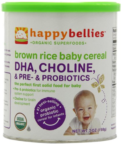 Happy Bellies Organic Baby Cereals with DHA Plus Pre and Probiotics, Brown Rice, 7-Ounce Canisters (Pack of 6)