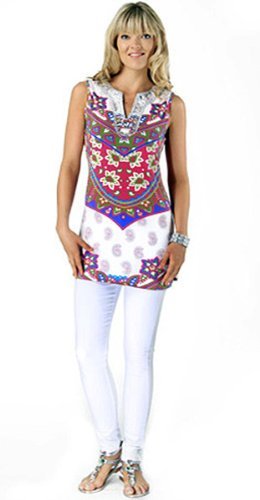 Joyous & Free Clothing – Mozaic Summer, Multi Colored Geometric Print, Sleeveless Womens Tunic with Sweetheart Collar & Side Pleats