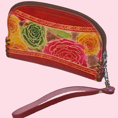Genuine Leather Wristlet Change Purse, Colorful Flowers Embossed, Joyful Design -2 Genuine Leather Wristlet Change Purse, Colorful Flowers Embossed, Joyful Design -2