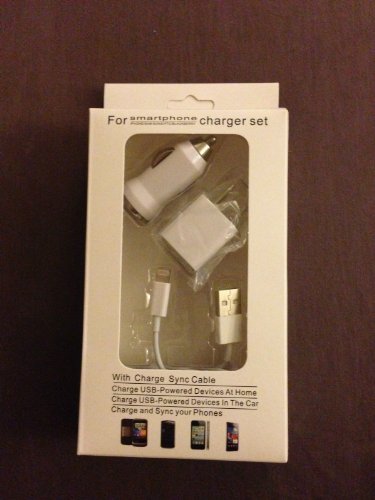 USB Cable, Car Charger 5V 1A White with AC Wall Charger Adapter for iPhone 5
