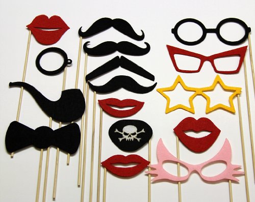 Photo Booth Props Mustache On A Stick Fun Wedding Birthday Party Favors 16 Piece Set -Includes Lips , Colored Glasses , Pirate Eye Patch, Bow Tie and Pipe