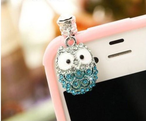 Smile Decor, Owl, Crystal Pendant, Earphone Jack Accessory, Dust Plug, Ear Hole Cap, Ear Jack For Samsung, iPhone, Cell Phone, iPad, iPod Touch, Gift Idea