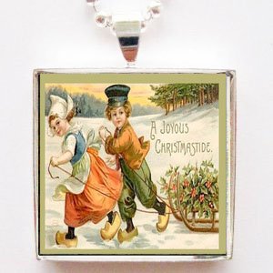 Vintage Dutch Boy and Girl a Joyous Christmastide Glass Silver Tile Pendant with Silver Chain