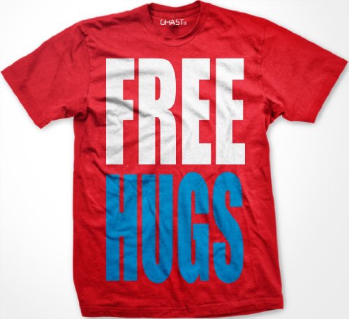FREE HUGS Mens T-shirt, Big and Bold Funny Statements Tee Shirt, Medium, Red