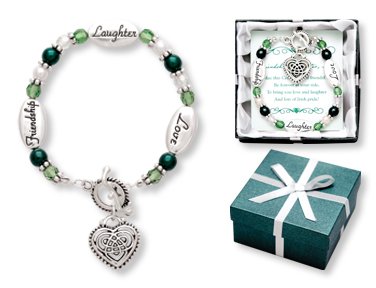 Designer Inspired Irish Bracelet, Sterling Silver Finish, Green Beads, Stretch, Heart Charms, “Love, Friendship & Laughter” Charms