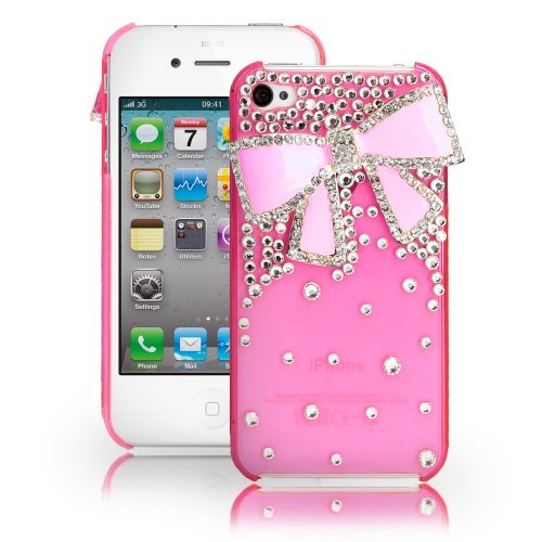 Fosmon 3D Bling Crystal Design Case with Pink Rhinestone Bow for iPhone 4/4S – Pink