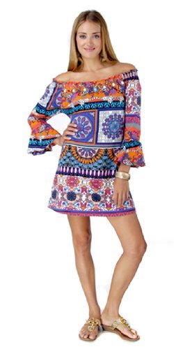 Joyous & Free Clothing Multi Colored Geometric Print titled Tibet Spring, 3/4 Sleeve Womens Tunic Top with Embellished Hem & Collar