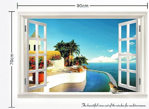 Smile Decor Window Mediterranean Sea View, Ocean View, Removable, Transparent Wall Sticker, Wall Decoration
