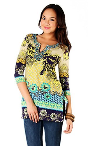 Joyous & Free Clothing Multi-Colored Geometric Print titled Barbados, 3/4 Sleeve Womens Tunic Top / Mini Dress with Embellished Split Neck Collar & Side Pleats