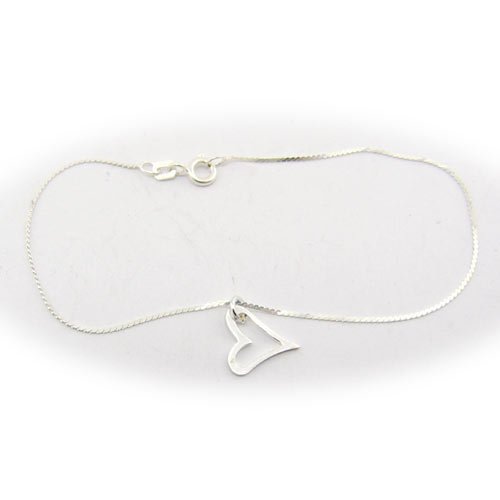 Heart Charm Diamond Cut Serpentine Sterling Silver Nickel Free Chain Anklet Italy 9.5 Inch