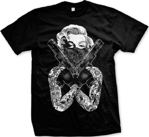 Men’s Gangster Marilyn Monroe T-Shirt Tee Guns Up Tattoos Black Size XXL