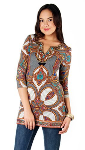 Joyous & Free Clothing Vibrantly Colored Print titled Thrones, 3/4 Sleeve Women’s Tunic Top / Mini Dress with Embellished Sweetheart Neck Collar & Side Pleats