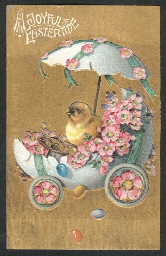 A Joyful Eastertide chick in egg-shaped auto with flowers embossed postcard 1900