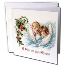 BLN Vintage Christmas Designs – A Bright and Joyous Christmas with Two Angels in the Clouds with Holly Leaves and Berries – Greeting Cards-12 Greeting Cards with envelopes